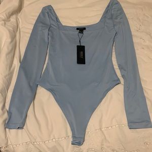 Forever 21 Baby Blue Square Neck Long Sleeve Bodysuit in Small Snap Closure
